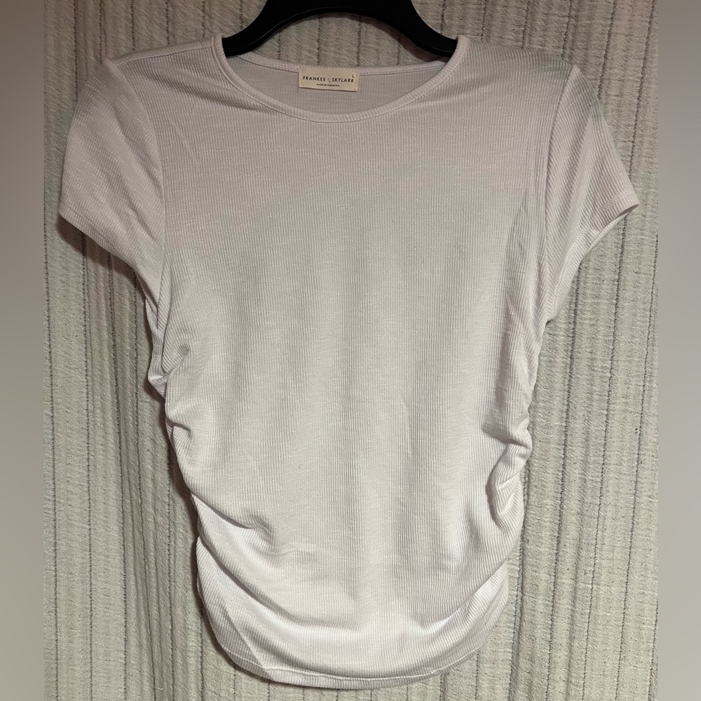 Classic White Short Sleeve Tee With Cinched Sides